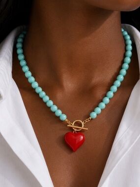 New! Cyan Beaded Red Heart Charm Dopamine Necklace NWOT 3014